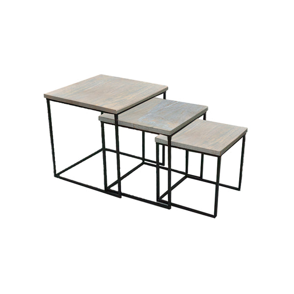 MESA LATERAL SET DE 3 TOPE ESTILO MADERA Y BASE COLOR NEGRO