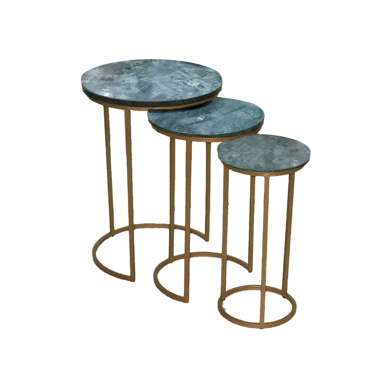 MESA LATERAL TOPE ESTILO MARMOL COLOR VERDE Y BASE DORADA S/3