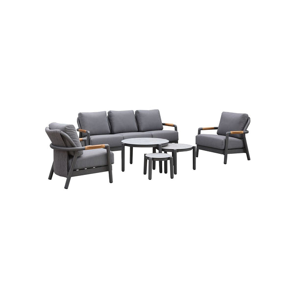 SET DE EXTERIOR SOFA HONG DE SEIS PIEZAS CON TRES MESAS DOS SILLONES Y UN SOFA EN TELA GRIS