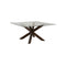 MESA DE COMEDOR CON TOPE CUADRADO DE VIDRIO TRANSPARENTE Y BASE MARRON OSCURO
