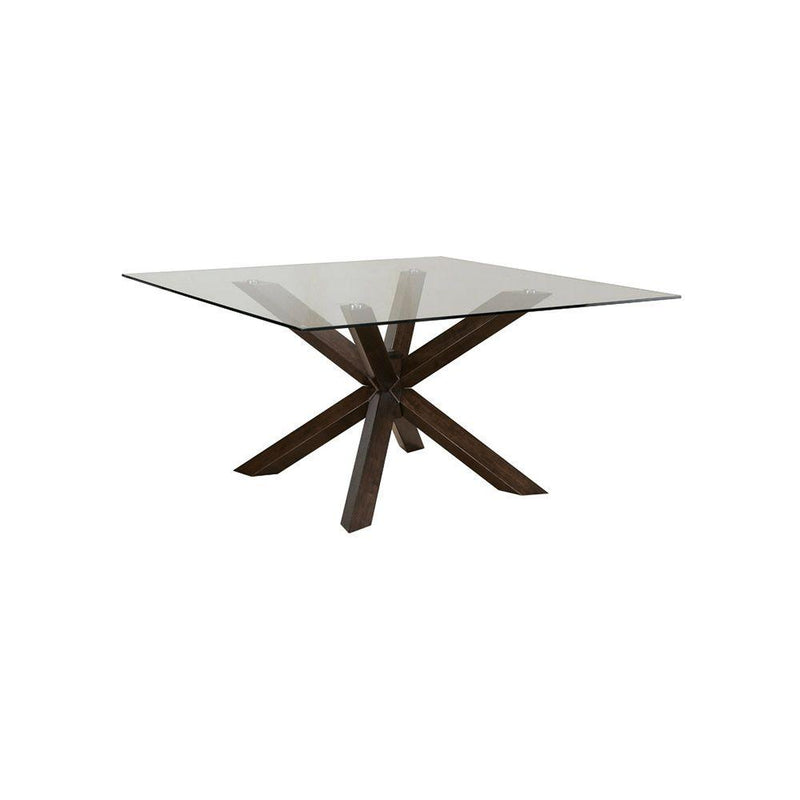 MESA DE COMEDOR CON TOPE CUADRADO DE VIDRIO TRANSPARENTE Y BASE MARRON OSCURO
