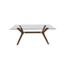 MESA DE COMEDOR CON TOPE  DE VIDRIO TRANSPARENTE Y ACABADO EN MADERA MARRON