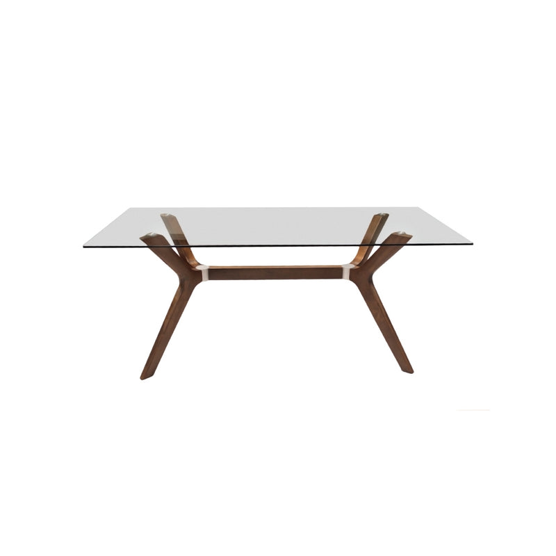 MESA DE COMEDOR CON TOPE  DE VIDRIO TRANSPARENTE Y ACABADO EN MADERA MARRON