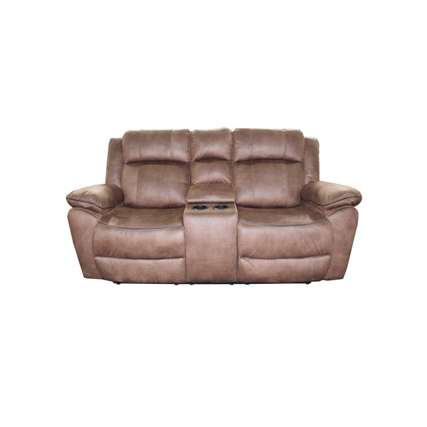 SOFA RECLINABLE MANUAL DE 2 ASIENTOS CON CONSOLA EN TELA MARRON