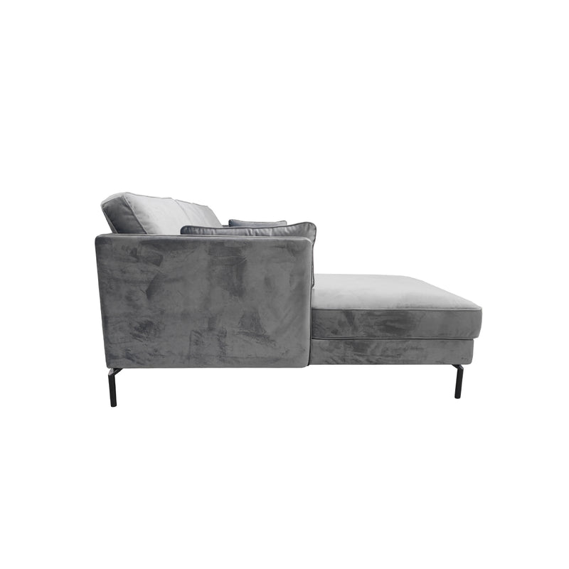 SOFA SECCIONAL ESTACIONARIO TAPIZADO EN TELA GRIS Y PATAS NEGRAS