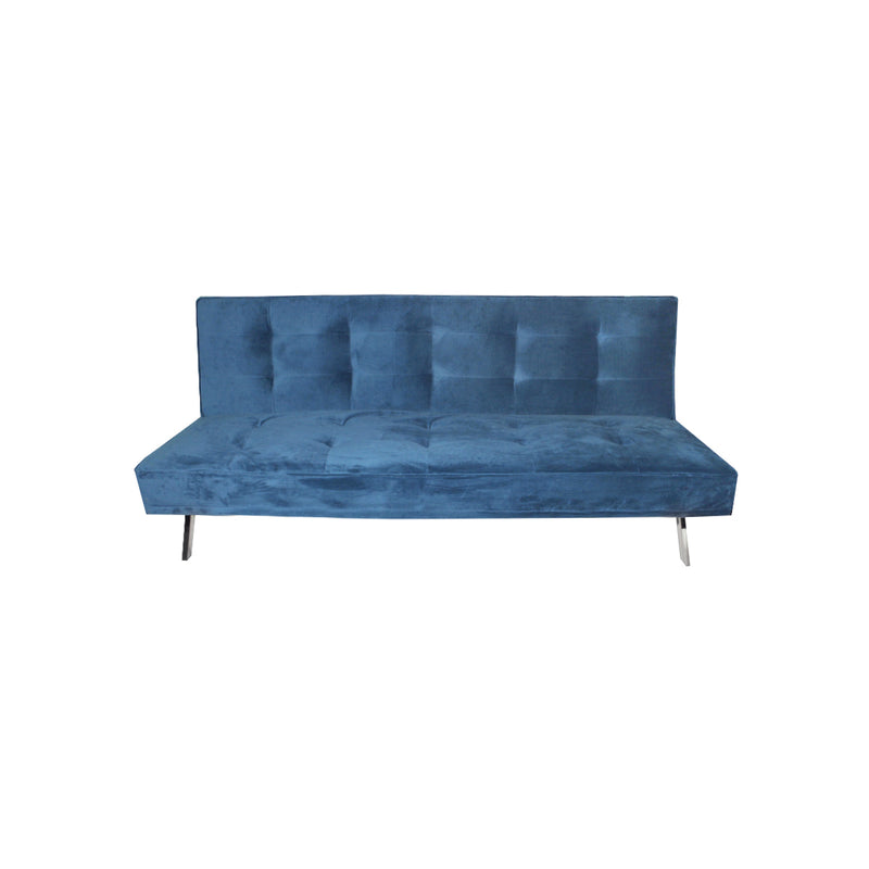 SOFA CAMA EN TELA AZUL TURQUEZA Y PATAS PLATEADAS