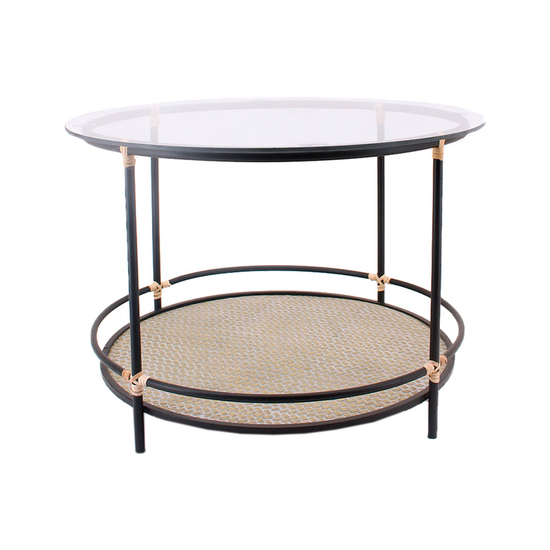 MESA LATERAL CON TOPE EN CRISTAL Y BASE NEGRA CON DETALLES DORADOS