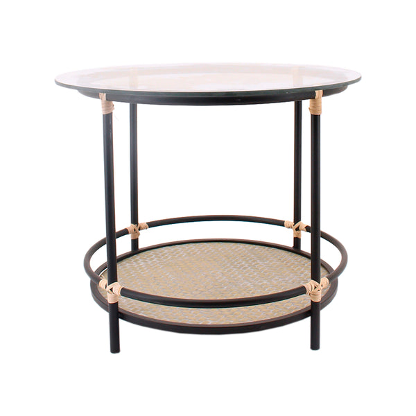 MESA LATERAL CON TOPE DE CRISTAL Y BASE NEGRA CON DETALLES DORADOS