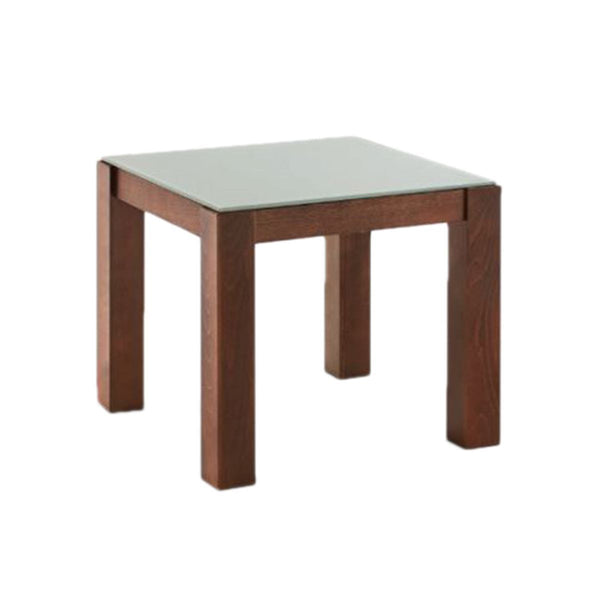 MESA LATERAL CON TOPE DE CRISTAL Y PATAS EN ACABADO DE MADERA