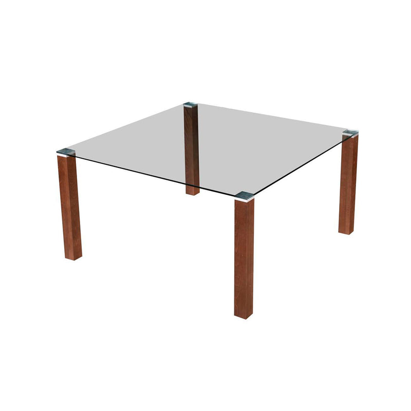 MESA DE COMEDOR CON TOPE DE VIDRIO CUADRADO Y PATAS EN ACABADO DE MADERA
