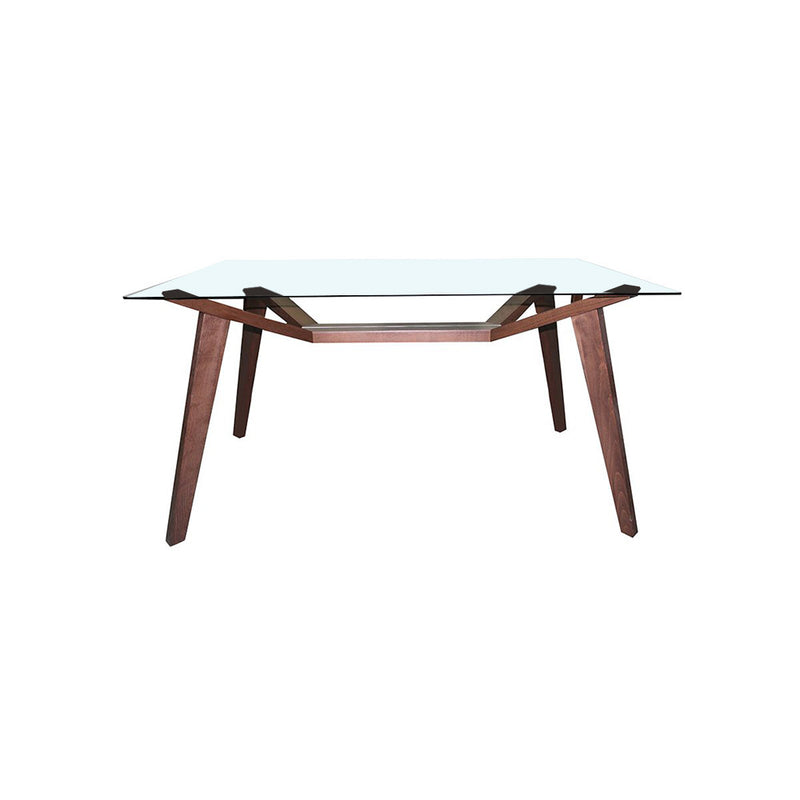MESA DE COMEDOR CON TOPE DE CRISTAL Y BASE EN ACABADO DE MADERA