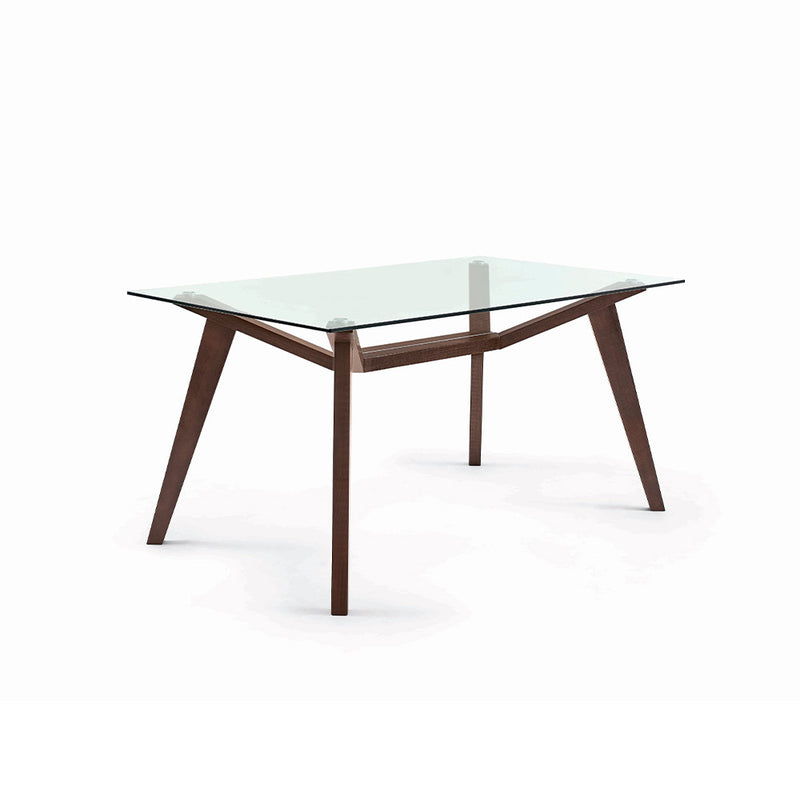 MESA DE COMEDOR CON TOPE DE CRISTAL Y BASE EN ACABADO DE MADERA