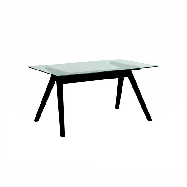 MESA DE COMEDOR TOPE DE CRISTAL Y BASE EN ACABADO DE MADERA NEGRA