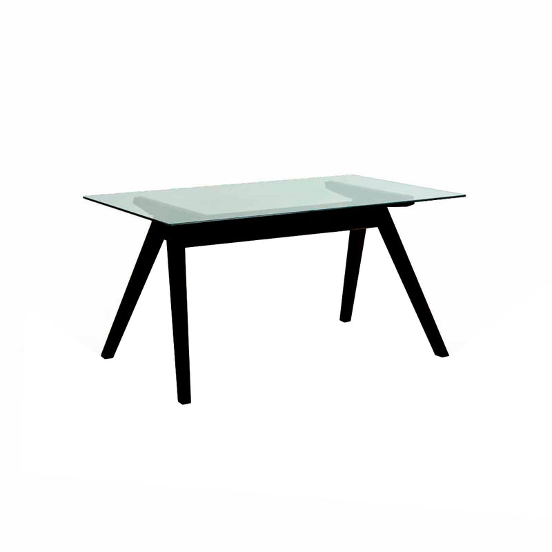MESA DE COMEDOR TOPE DE CRISTAL Y BASE EN ACABADO DE MADERA NEGRA