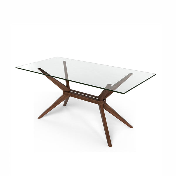 MESA DE COMEDOR CON TOPE DE CRISTAL Y PATAS EN ACABADO DE MADERA