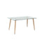 MESA DE COMEDOR CON TOPE DE VIDRIO TRANSPARENTE Y PATAS ACABADO DE MADERA