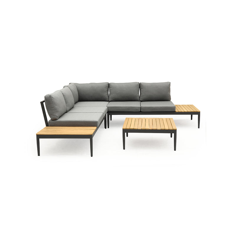 SECCIONAL SHADE EN TELA GRIS 4PCS: MESA DE CENTRO, BANCO DERECHA E IZQUIERDAY ESQUINERO