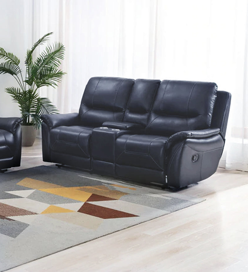 SOFA RECLINABLE MANUAL NEW REGGIO DE 2 ASIENTOS EN PIEL SINTETICA AZUL CON CONSOLA