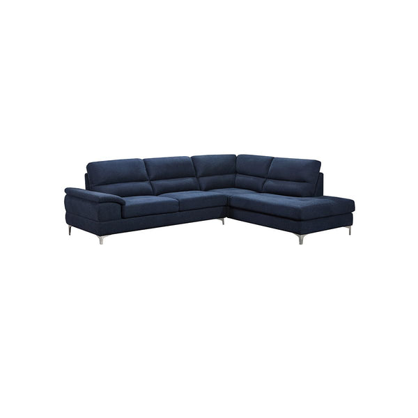 SOFA SECCIONAL ESTACIONARIO DERECHO EN TELA AZUL Y PATAS PLATEADAS