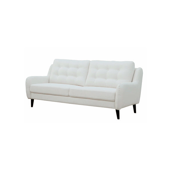 SOFA ESTACIONARIO DE TRES ASIENTOS EN TELA CREMA Y PATAS NEGRAS