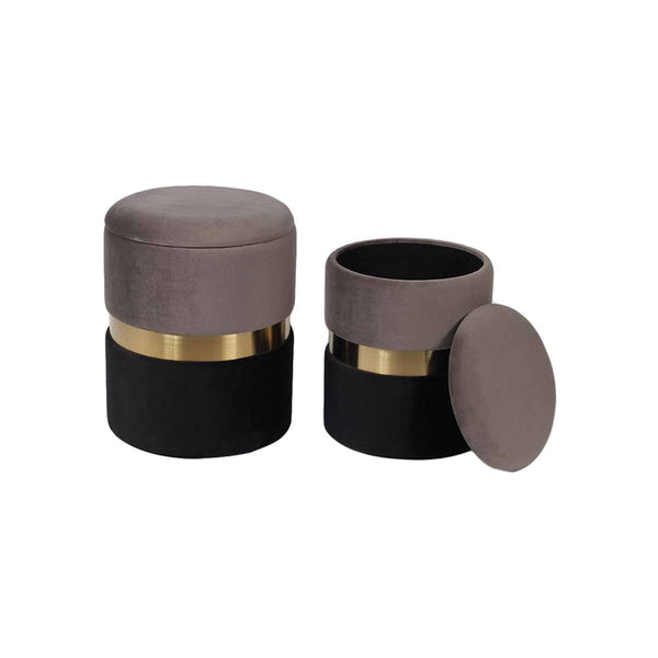 OTOMAN DE ALMACENAMIENTO  GRIS Y NEGRO CON ANILLO DORADO  S/2