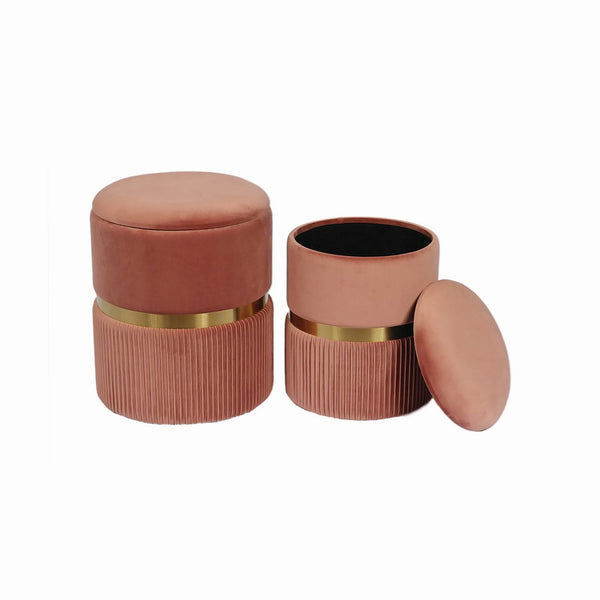 OTOMAN DE ALMACENAMIENTO EN TELA ROSA CON ANILLO DORADO S/2