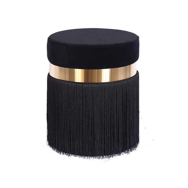 OTOMAN CON FLECOS EN TELA NEGRO Y BASE DE ANILLO DORADO