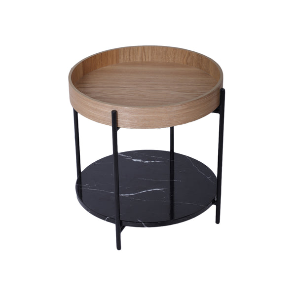 MESA LATERAL EN ACABADO DE MADERA Y BASE NEGRA